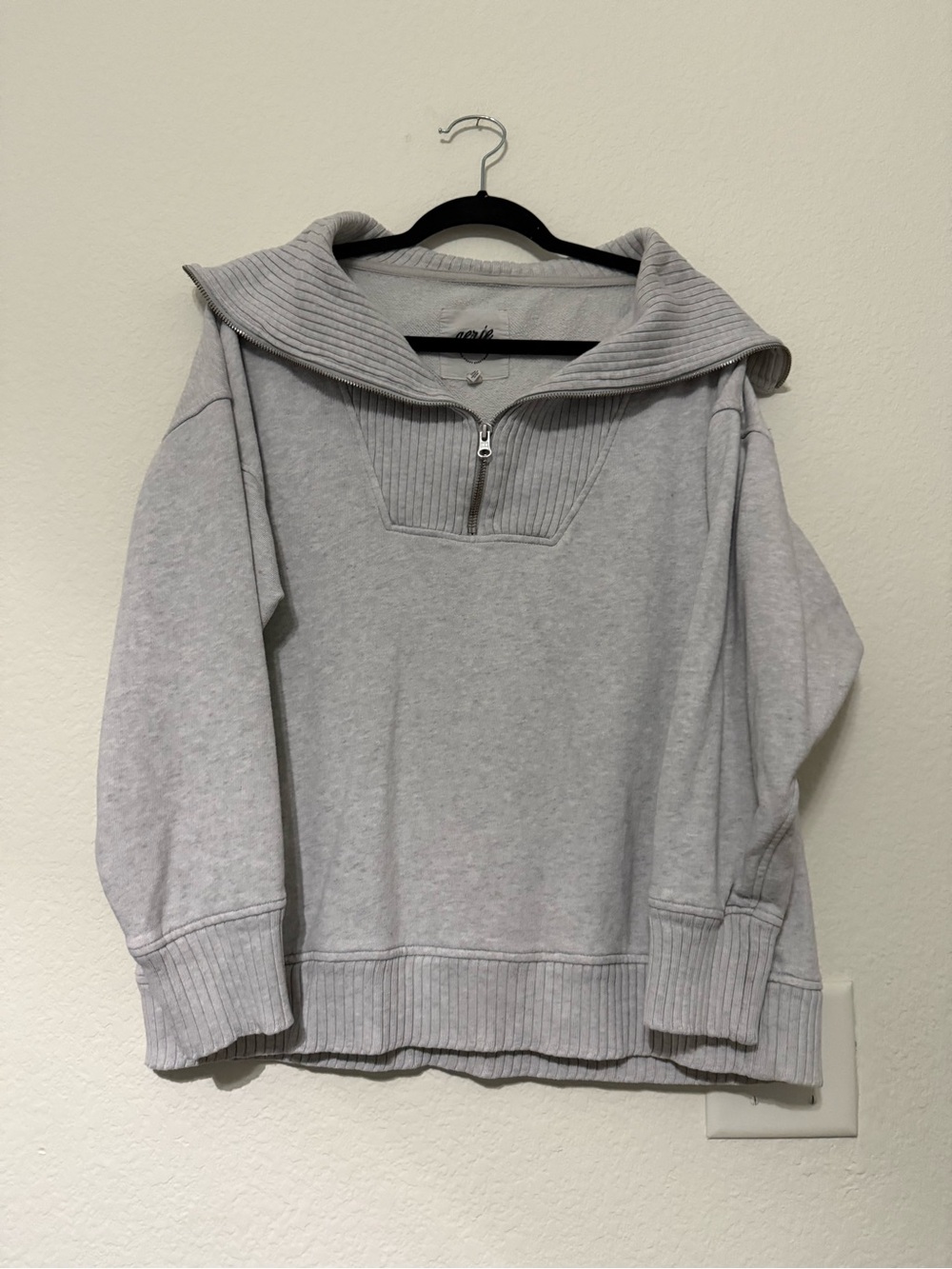 aerie Light Gray Quarter Zip Ribbed Collar Oversized Sweater